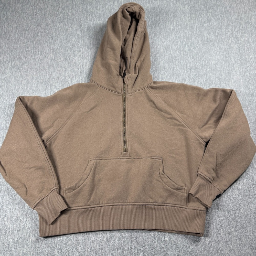 Sacré Hoodie Womens L Brown Sacre 1/4 Zip Crop Fleece Pullover Hooded Sweatshirt